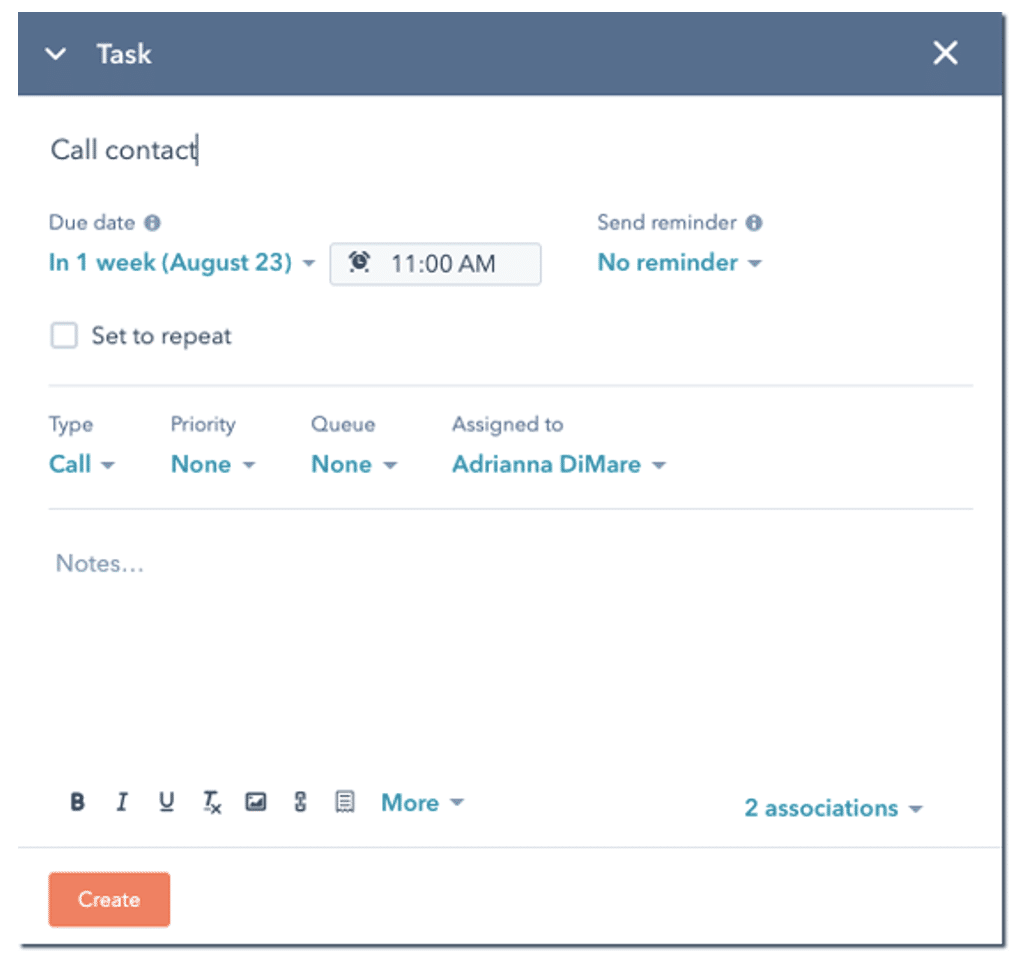 HubSpot에서 Task를 관리하는 화면 예시